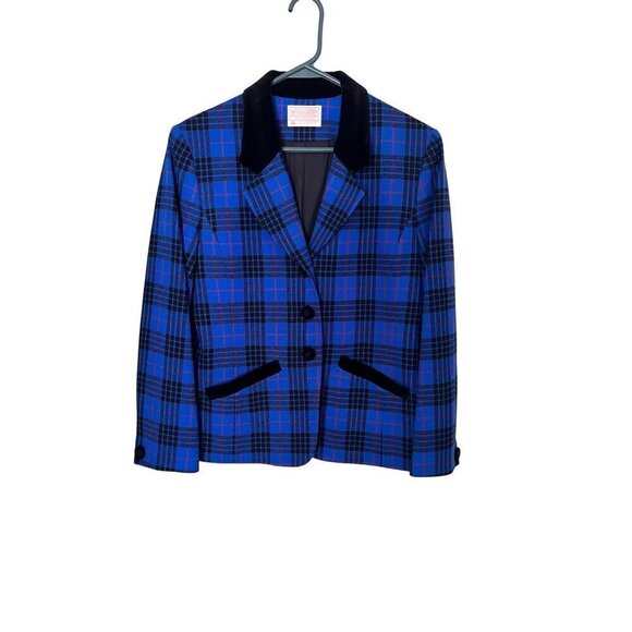 Vintage Pendleton Womens Blue Plaid Blazer Sz 6 Virgin Wool Velvet USA - Picture 1 of 13